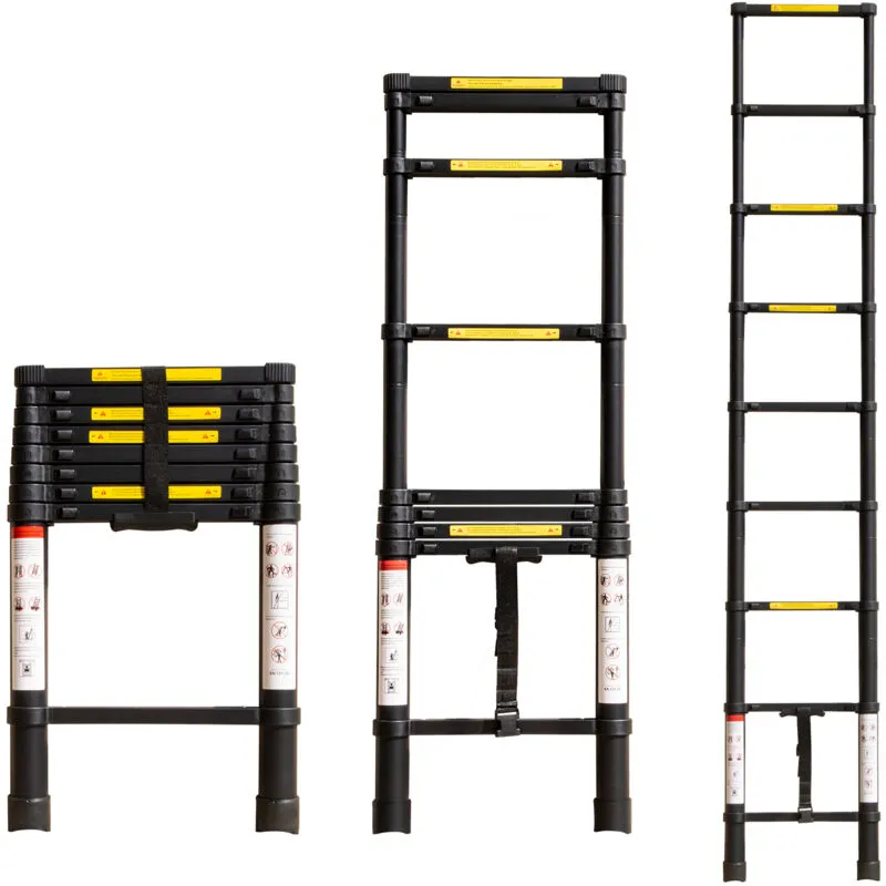 Jn.songs - Scala Telescopica, Nero Scaletta Pieghevole in Alluminio, Pieghevole Estensibile Multifunzione, Altezza Regolabile, Carico 150 Kg - 2.6m