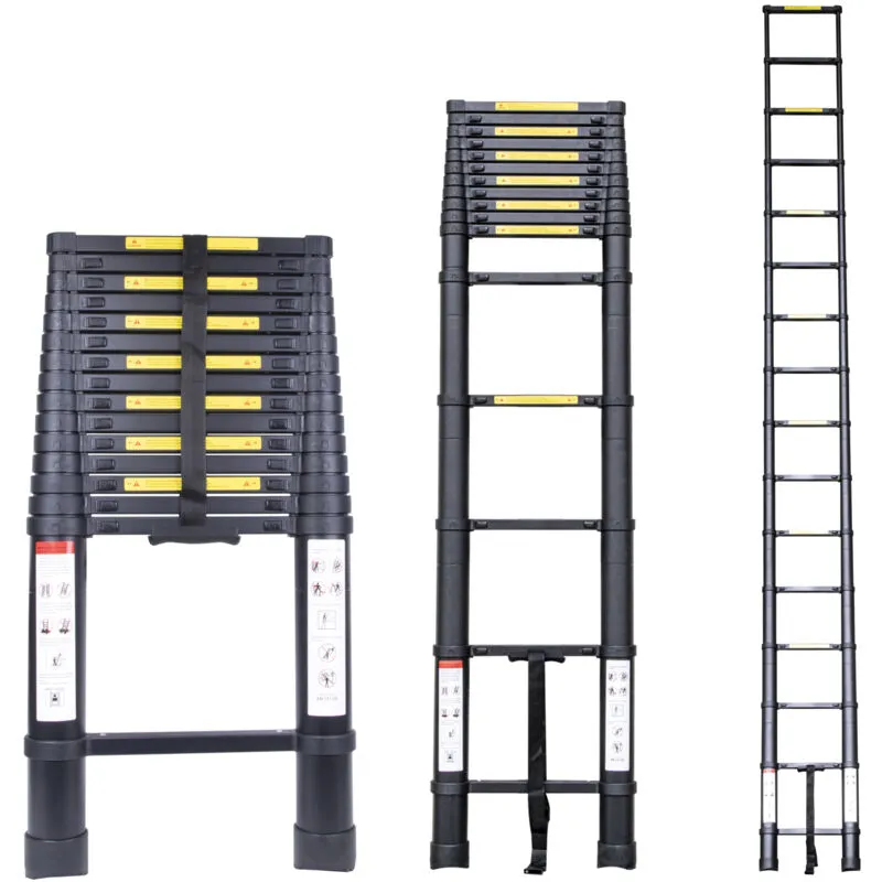 Jn.songs - Scala Telescopica, Nero Scaletta Pieghevole in Alluminio, Pieghevole Estensibile Multifunzione, Altezza Regolabile, Carico 150 Kg - 4.7m