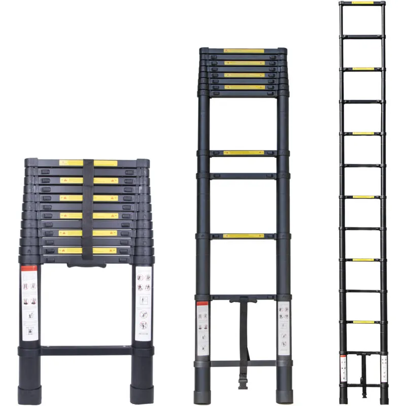 Jn.songs - Scala Telescopica, Nero Scaletta Pieghevole in Alluminio, Pieghevole Estensibile Multifunzione, Altezza Regolabile, Carico 150 Kg - 3.8m