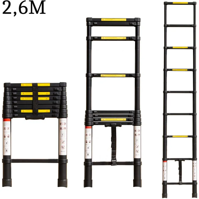 Scala Telescopica Pieghevole, 2.6 Metri Scaletta in Alluminio, Carico di 150 kg (Nero)