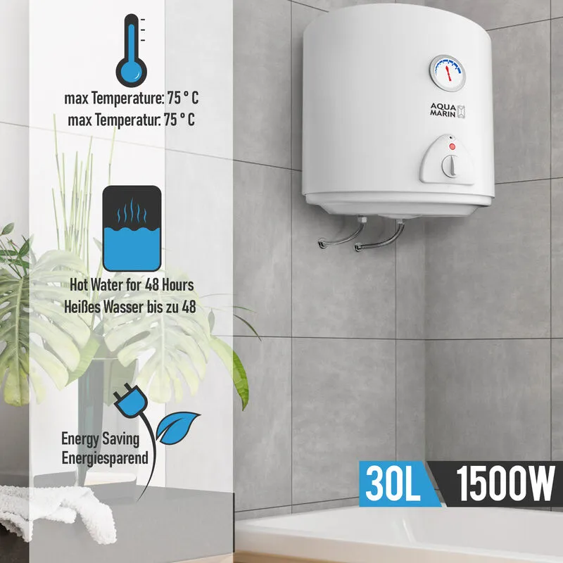 Ecomsof - Aquamarin® Scaldabagno Elettrico - 30 litri, 220-240V, 1.5kW, Anticalcare, Temp Max. 75°C, Verticale, Serbatoio in Acciaio Smaltato, Bianco