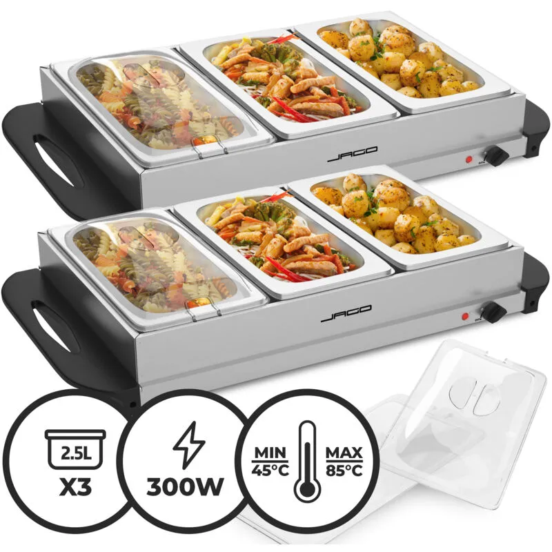 Jago® Scaldavivande Elettrico per Buffet - Set da 2, Temperatura Regolabile 40-85°C, Acciaio Inossidabile, Coperchio Trasparente, 6 x 2,5 l - Chafing