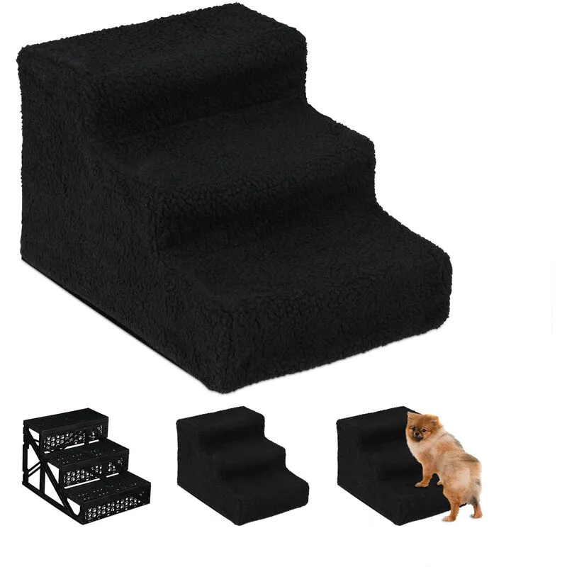 Scaletta a 3 Gradini, per Cani Piccoli & Grandi, Letto & Divano, Fodera in Tessuto, Interni, 30x35x45, Nero - Relaxdays