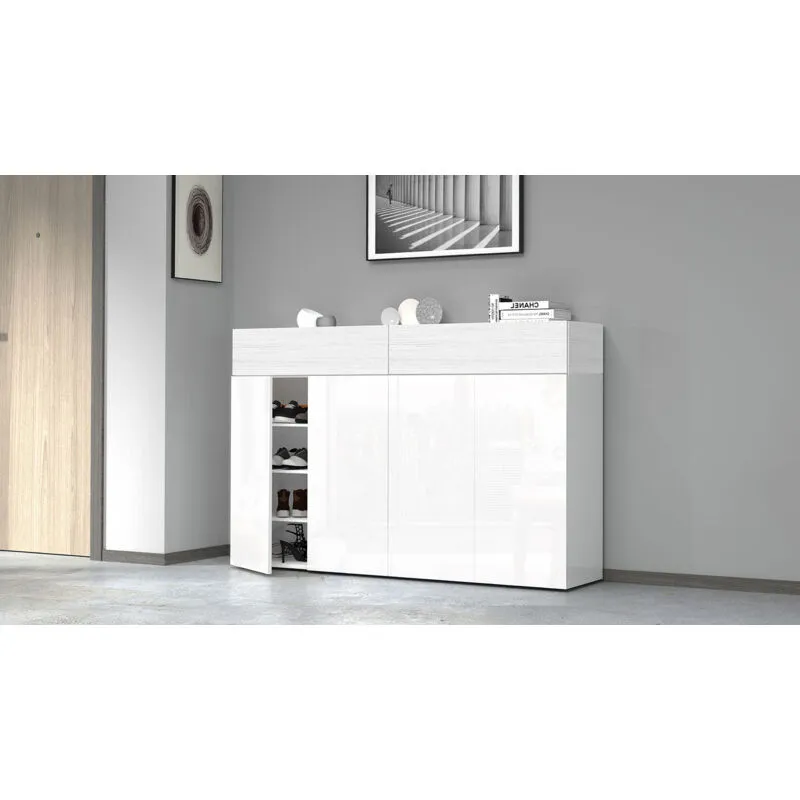 Scarpiera 4 Ante e 2 Ripiano a Ribalta 152x35x100 cm Savona 4A 1R Bianco Opaco/Larice Bianco