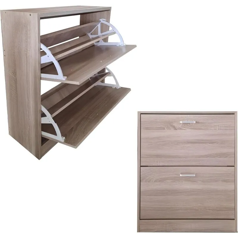 Scarpiera in mdf in 2 o 3 ripiani, con maniglie grigio satinato. Adatta per scarpe, stivali e ciabatte. Colori: rovere o bianco, robustezza