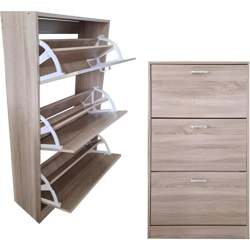 Scarpiera in mdf in 2 o 3 ripiani, con maniglie grigio satinato. Adatta per scarpe, stivali e ciabatte. Colori: rovere o bianco, robustezza