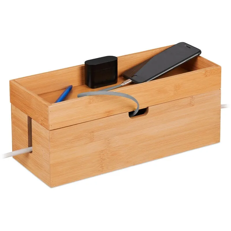 Scatola Porta Cavi per 2 Ciabatte, Cable Box in Bambù, 14x34x14 cm, Coperchio Incavato Nascondicavi, Naturale - Relaxdays