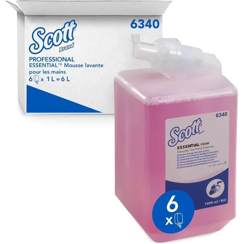 Scott Essential Detergente per mani in schiuma 6340, leggermente profumata, pacco da 6 flaconi da 1 l (2500 erogazioni per flacone)