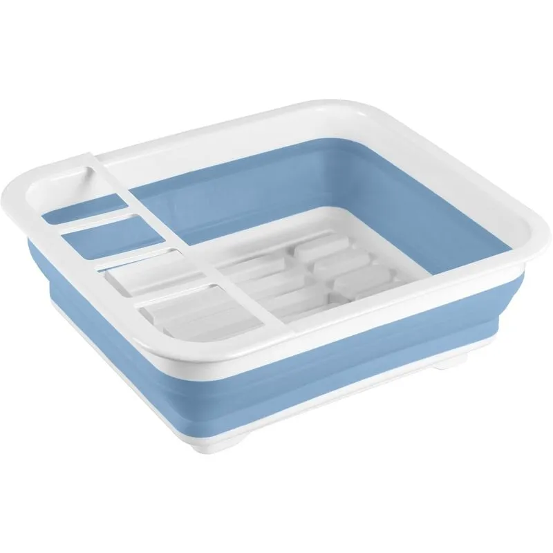 Scolapiatti Gaia, scolapiatti pieghevole per cucina, scolapiatti con portaposate, plastica, 36,5x13x31cm, blu/bianco - 