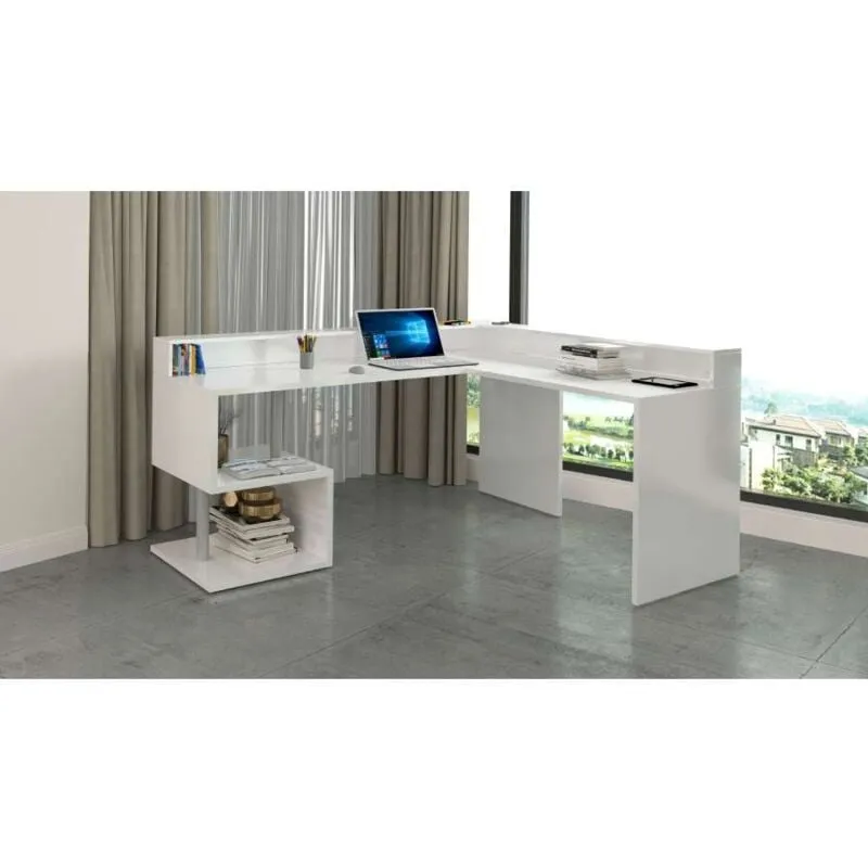 Web Furniture - Esse Scrivania Angolare Bianco Lucido Con Sopralzo