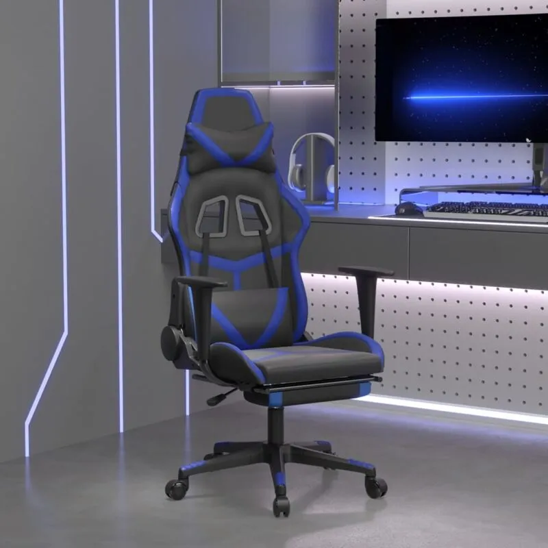 Sedia da Gaming con Poggiapiedi Nero e Blu in Similpelle - Vidaxl