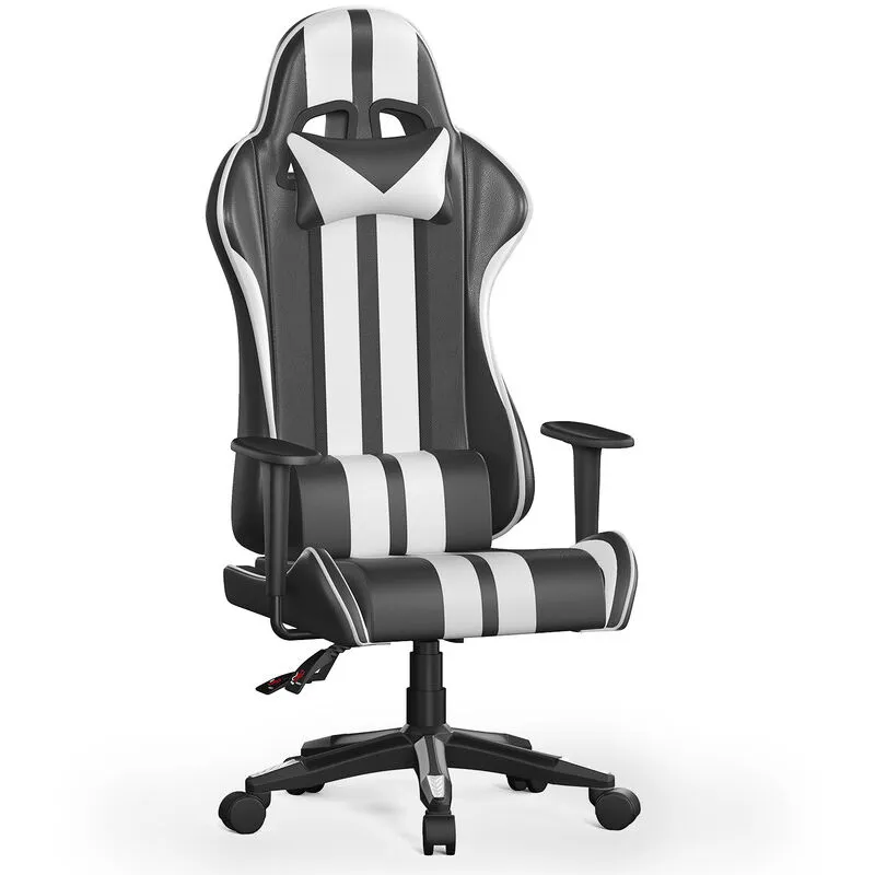 Bigzzia - Sedia da gioco - Bigzza - Sedia da gioco ergonomica - Cuscino con testa e cuscino in vita - Inclinabile 90 ° - 135 ° - Bianco e nero - Nero