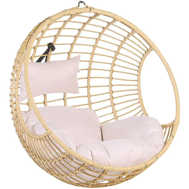 Sedia Sospesa con Cesta di Rattan Beige per Interno ed Esterno Boho Aspio