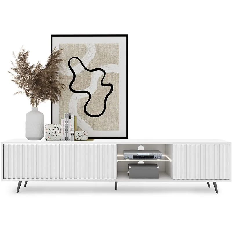 Bello - Mobile tv - 175 cm - bianco con le asse e i piedini neri - con illuminazione a led - Selsey