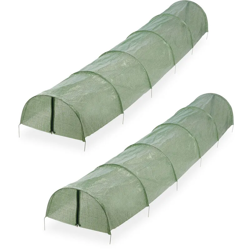 Serra a Tunnel per la Coltivazione, Set da 2, Lunga 2,9 m, Rete pe Chiusura a Zip, per Fragole Verdure, Verde - Relaxdays