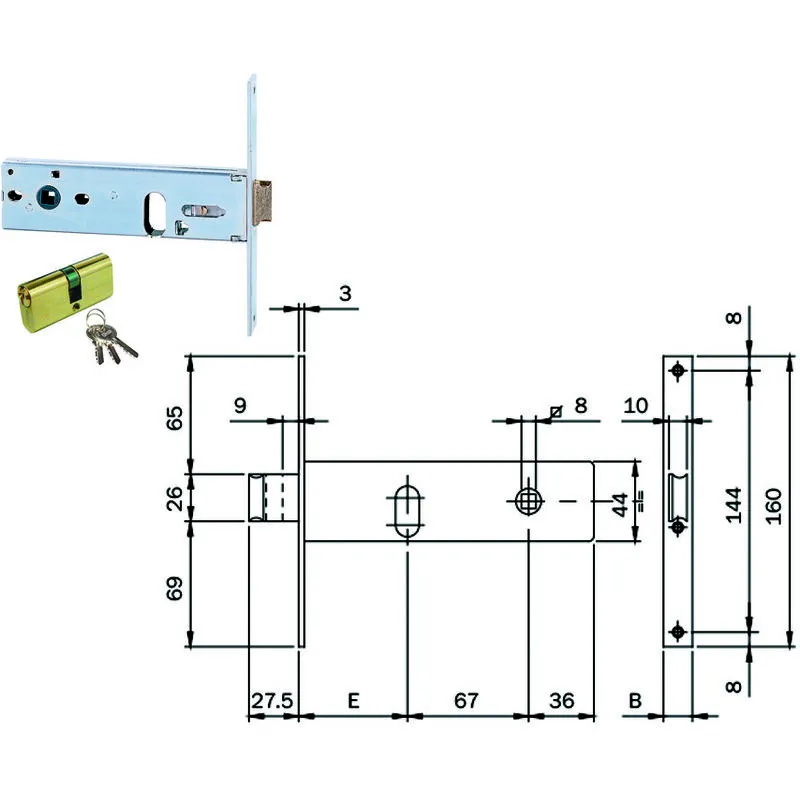 Serratura da infilare per fasce catenaccio e scrocco mm.44 h 704 - mm.70 - frontale mm.16 (704701s)