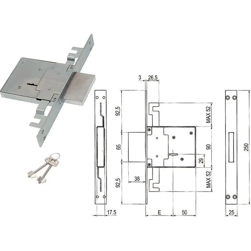 Serratura triplice da infilare doppia mappa 450/3s - mm.70 (00450 3s 70 2c ci)