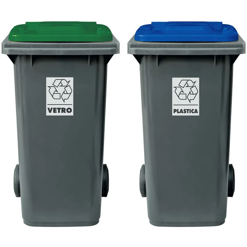 Set 2 bidoni porta rifiuti - capacità 240 litri - bicolor con fondo grigio e coperchi colorati per raccolta differenziata (Blu e Verde)