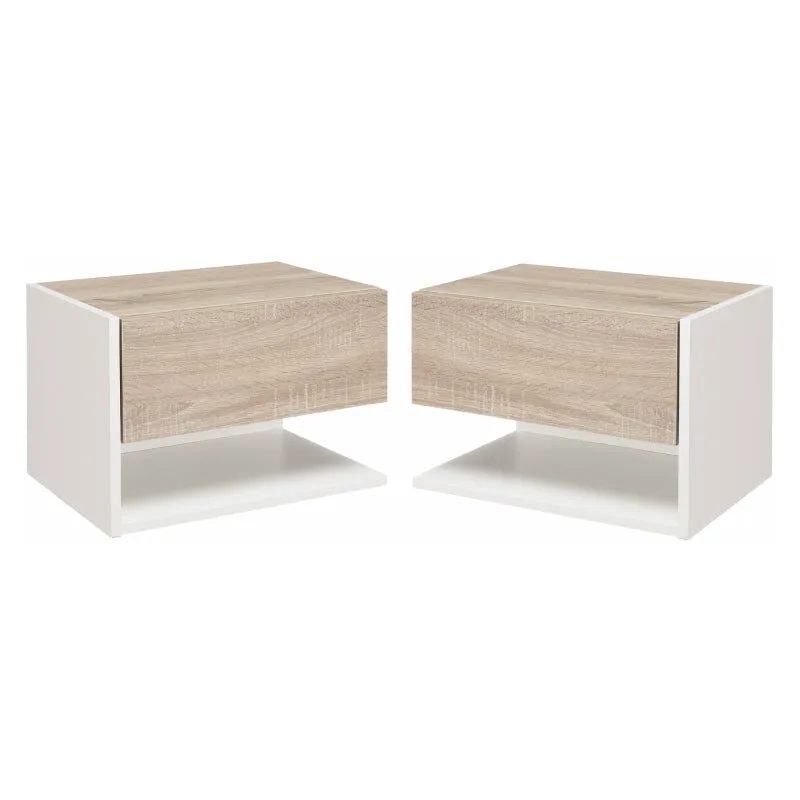 Set 2 Comodini Sospesi 46x30x30 cm in Truciolato Rovere e Bianco