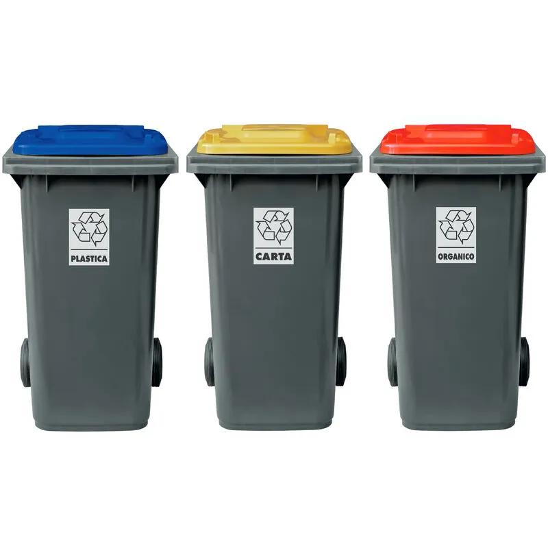 Eplastic Srl - Set 3 bidoni porta rifiuti - capacità 240 litri - bicolor con fondo grigio e coperchi colorati per raccolta differenziata (Rosso, Blu