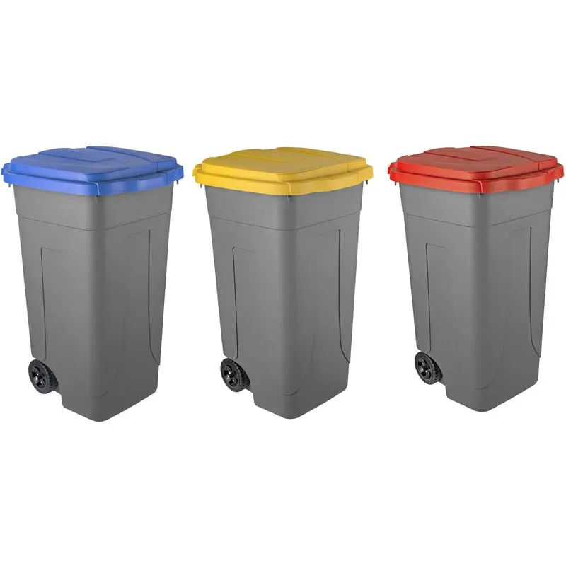 Set 3 bidoni porta rifiuti - capacità 80 litri - bicolor con fondo grigio e coperchi colorati per raccolta differenziata (Rosso, Blu e Giallo)