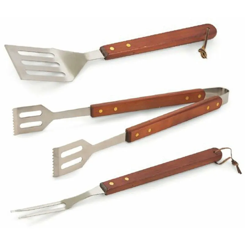 Set 3 utensili per barbecue in acciaio con manico in legno Bestbq