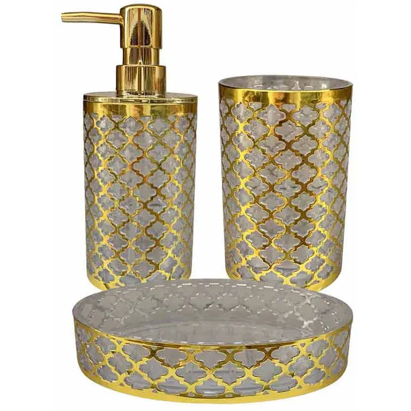 Set Accessori Bagno 3 Pezzi oro stile barocco con Dispenser Sapone Bicchiere portaspazzolino piattino portasapone