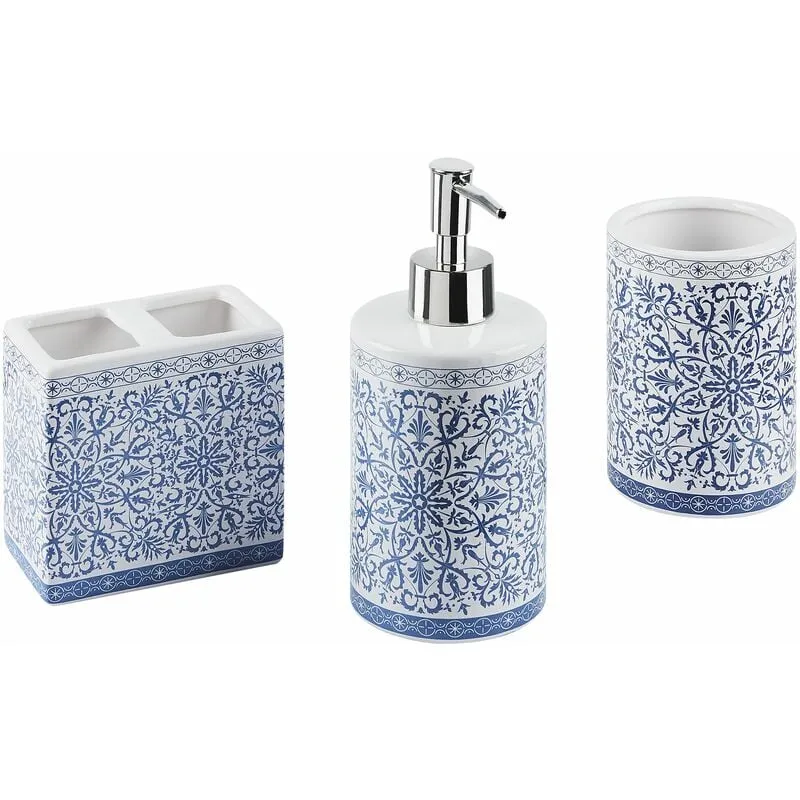 Set di 3 Accessori Bagno Ceramica bianca e blu decorata dispenser sapone Carora