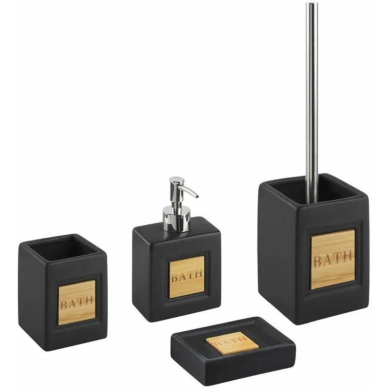 Set di 4 Accessori Bagno in Ceramica nero legno chiaro dispenser Kourou