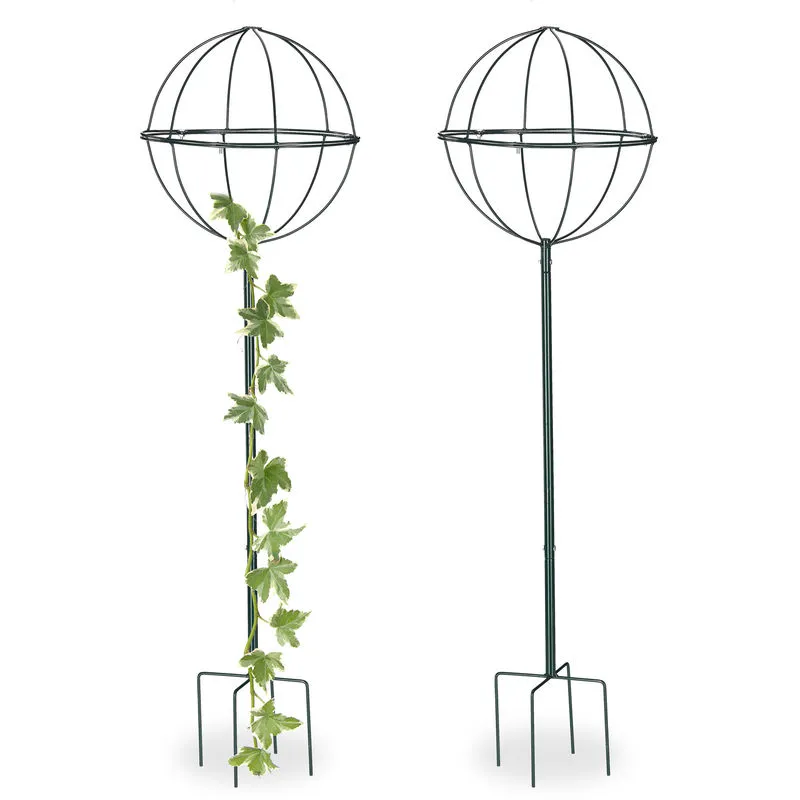 Set da 2 Sostegni per Piante Rampicanti, 118,5 cm, Supporti Rotondi con Sfera, Aiuole e Terreno, Verde Scuro - Relaxdays