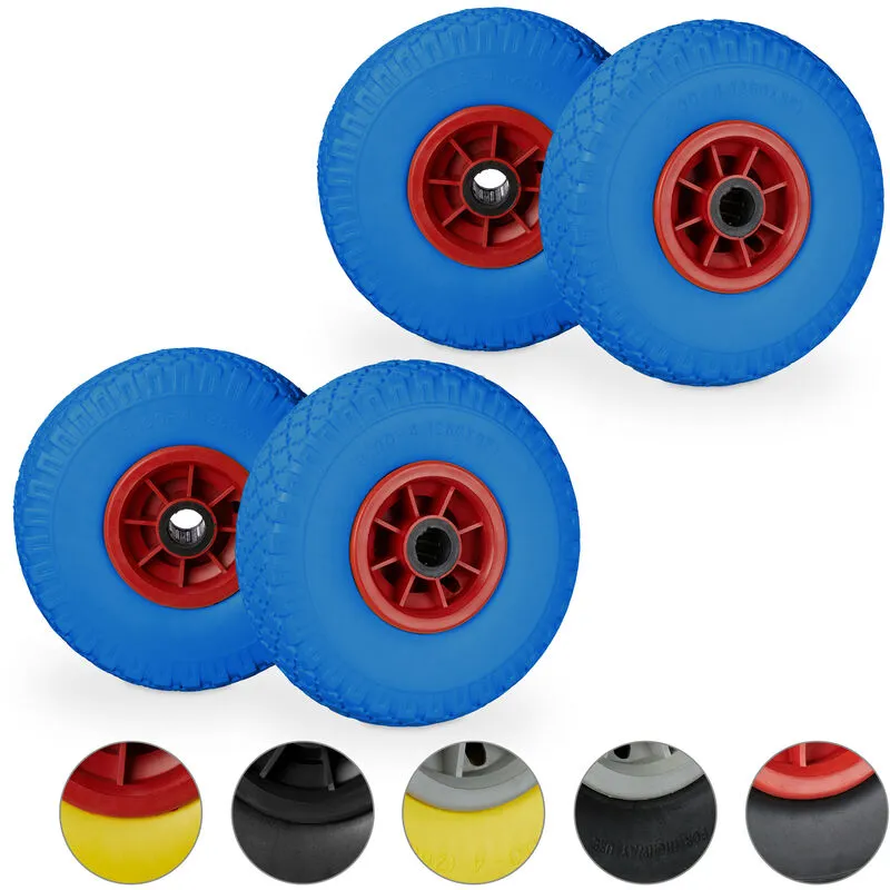 Set da 4 Ruote per Carriola, Pneumatici di Gomma Piena Antipanne, Asse 25mm, max.80 kg, 260x85mm, Blu Rosso