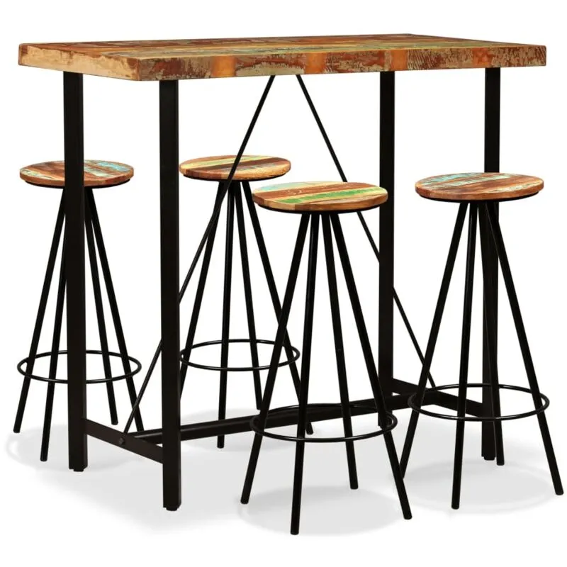 Set da Bar Tavolo con Sgabelli in Legno Massello di Recupero Lucido vari pezzi modelli : 5 pz
