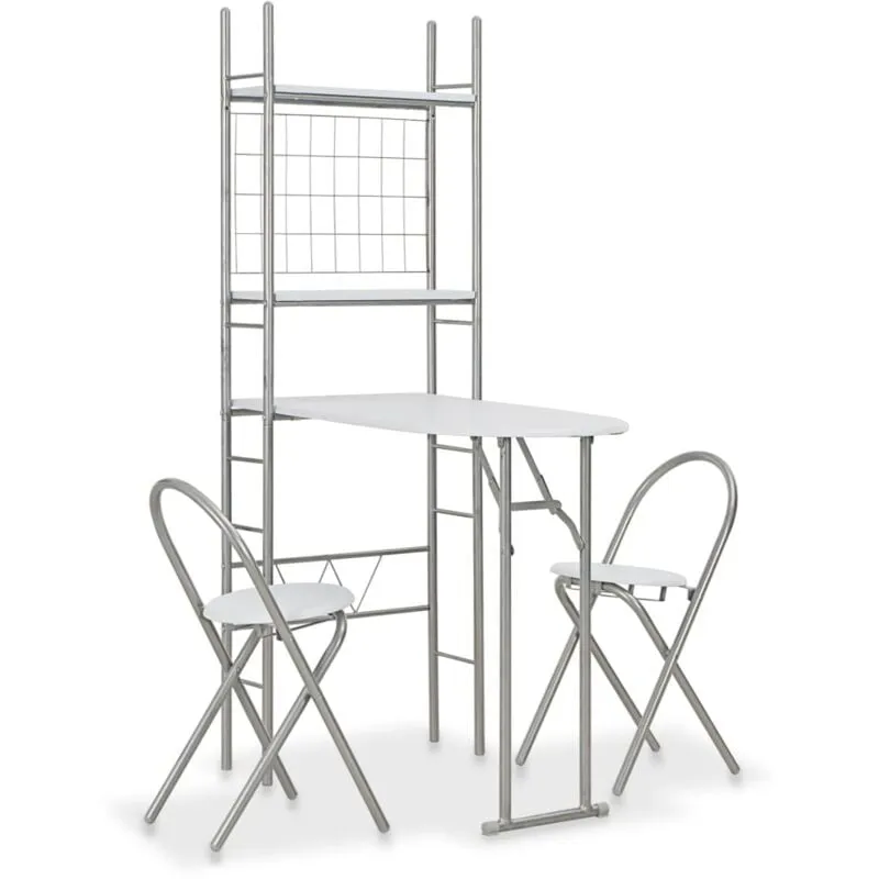 Set Tavolo Sedie Pieghevoli con Scaffale 3pz mdf Acciaio Bianco - Vidaxl