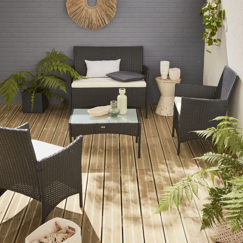 Salotto da giardino in resina intrecciata - modello: Moltès - colore: Nero, cuscini, colore: Ecru - 4 posti - 1 divano, 2 poltrone, un tavolino basso