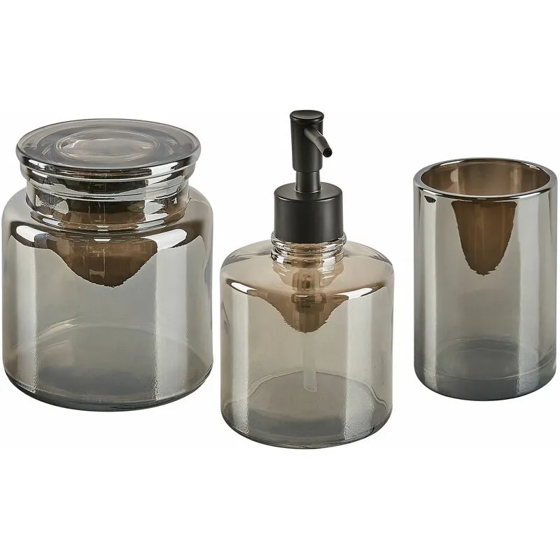 Set di 3 Accessori Bagno in vetro grafite e argento dispenser sapone bicchiere contenitore Managua