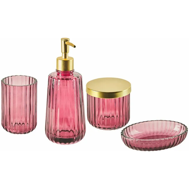 Set di 4 Accessori Bagno in vetro rosa e argento dispenser porta sapone Cardena