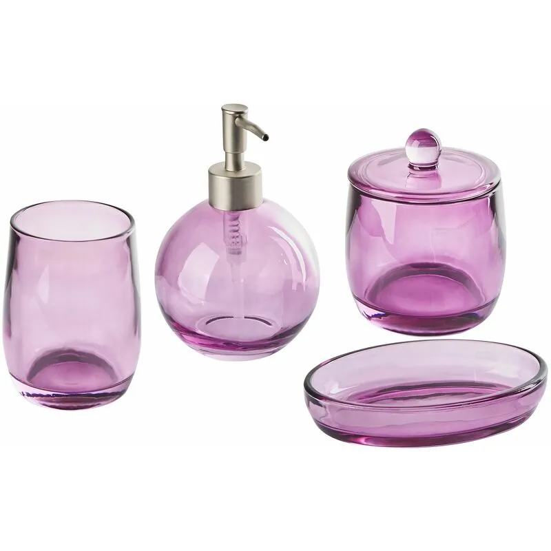 Set di 4 Accessori Bagno in vetro viola e argento dispenser porta sapone Roana