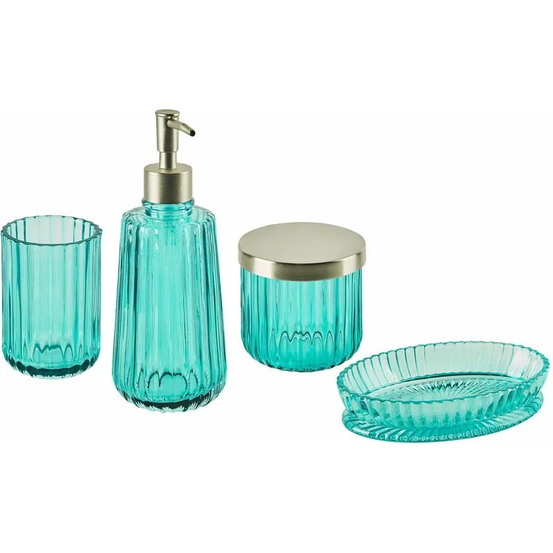 Set di 4 Accessori Bagno in vetro turchese argento dispenser porta sapone Tecate