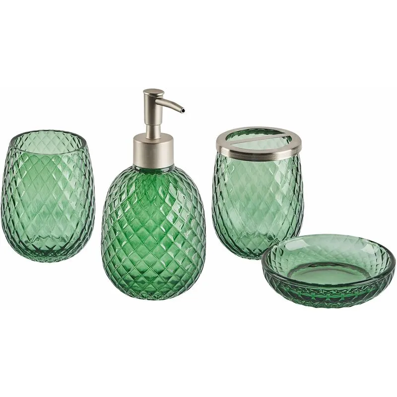 Set di 4 Accessori Bagno in vetro verde e argento dispenser porta sapone Canoa