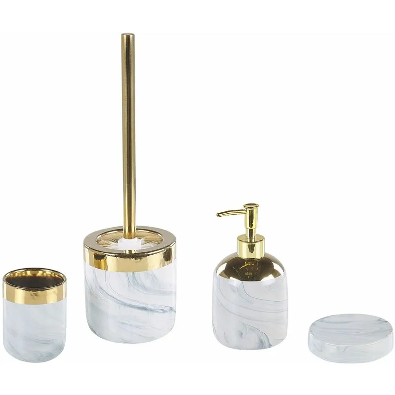 Set Accessori da Bagno Bicchiere Porta Scopino in Ceramica Bianca e Oro Huncal