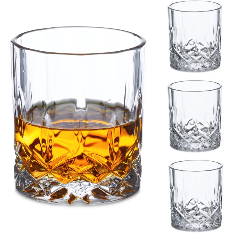 Set 4 Bicchieri da Whisky, Liquore, Rum, Tumbler Bar, Design Decorativo, Calici Vetro da 300 ml, Trasparente - Relaxdays