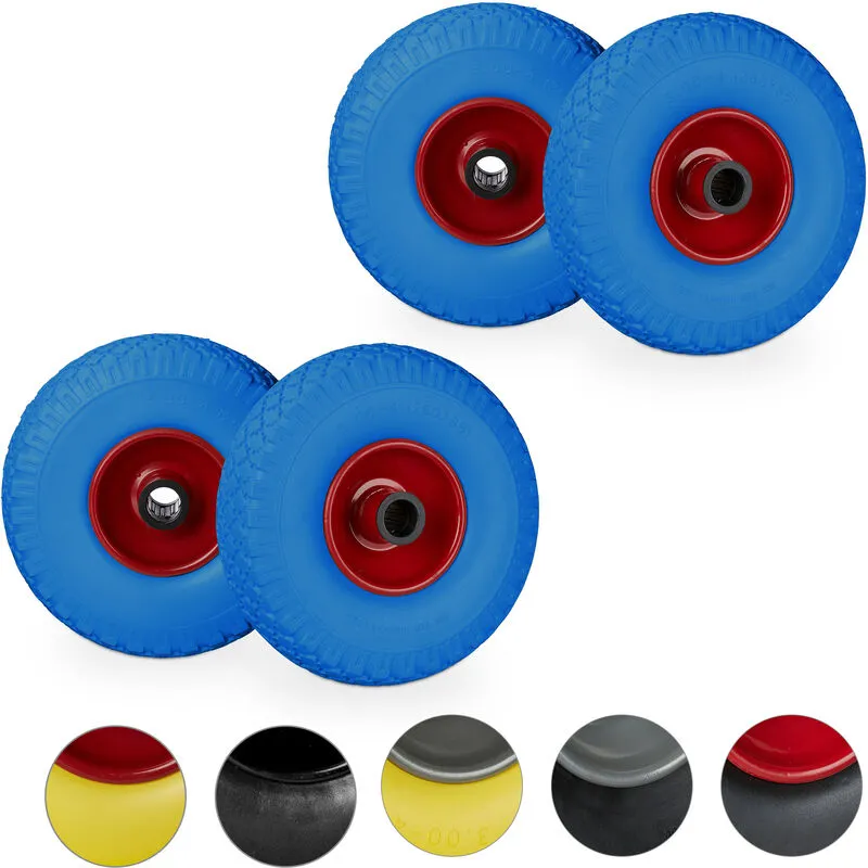 Set di 4 Ruote per Carrelli a Mano, Gomma Piena Antipanne, Asse 25mm, 100 kg, max, 260x85mm, Blu Rosso