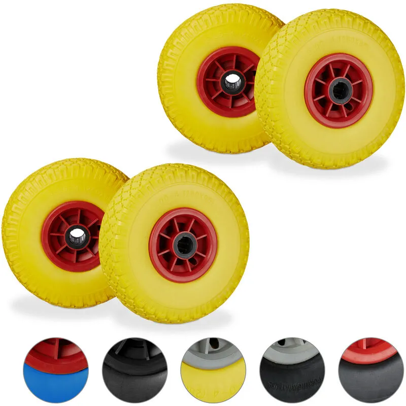 Set di 4 Ruote per Carriola, Pneumatici di Gomma Piena Antipanne, Asse 25mm, max.80 kg, 260x85mm, giallo-rosso