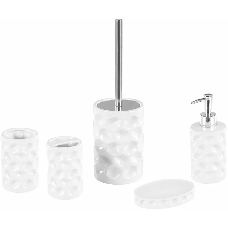 Set 5 Accessori Bagno Ceramica Bianca Bicchieri Scopino dispenser sapone Tirua