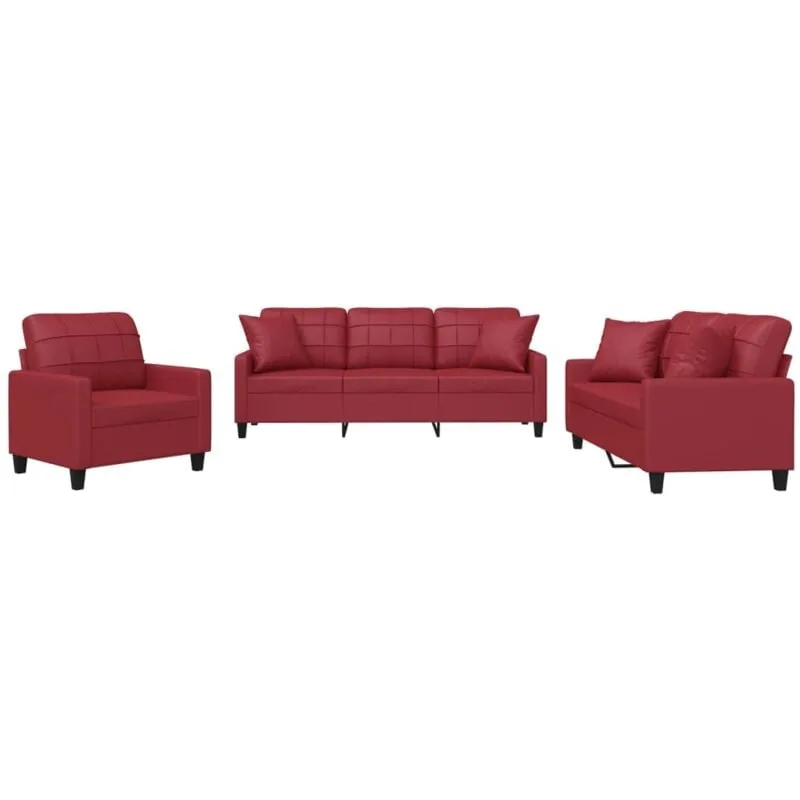 Set di Divani 3 pz con Cuscini Rosso Vino in Similpelle Vidaxl