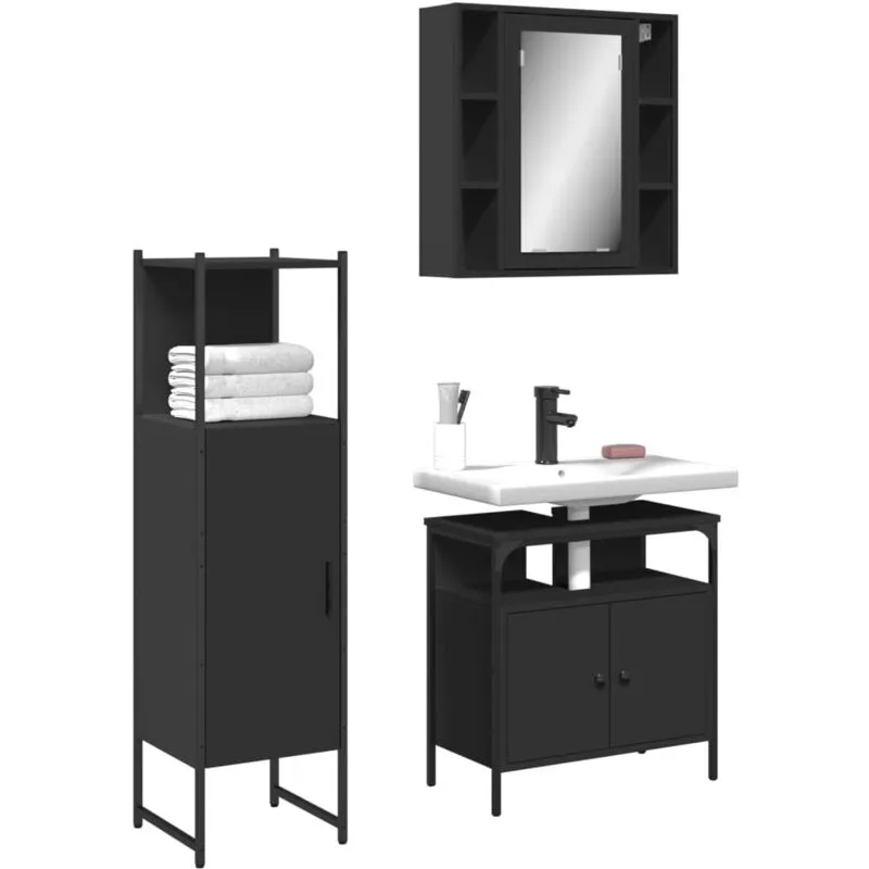 Set di Mobili da Bagno 3 pz Nero in Legno Multistrato