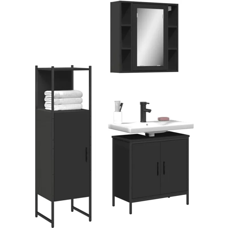 Torana - Set di Mobili da Bagno 3 pz Nero in Legno Multistrato