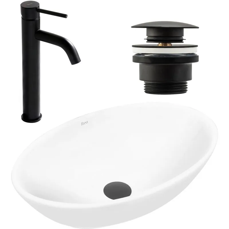  - set lavabo da appoggio pamela white + rubinetto da bagno lungo black matt + tappo black matt