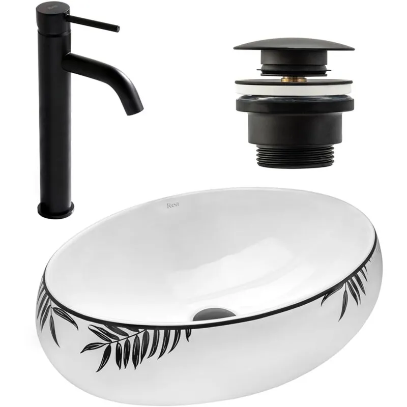 Set lavabo da appoggio shila + rubinetto da bagno lungo black matt + tappo black matt