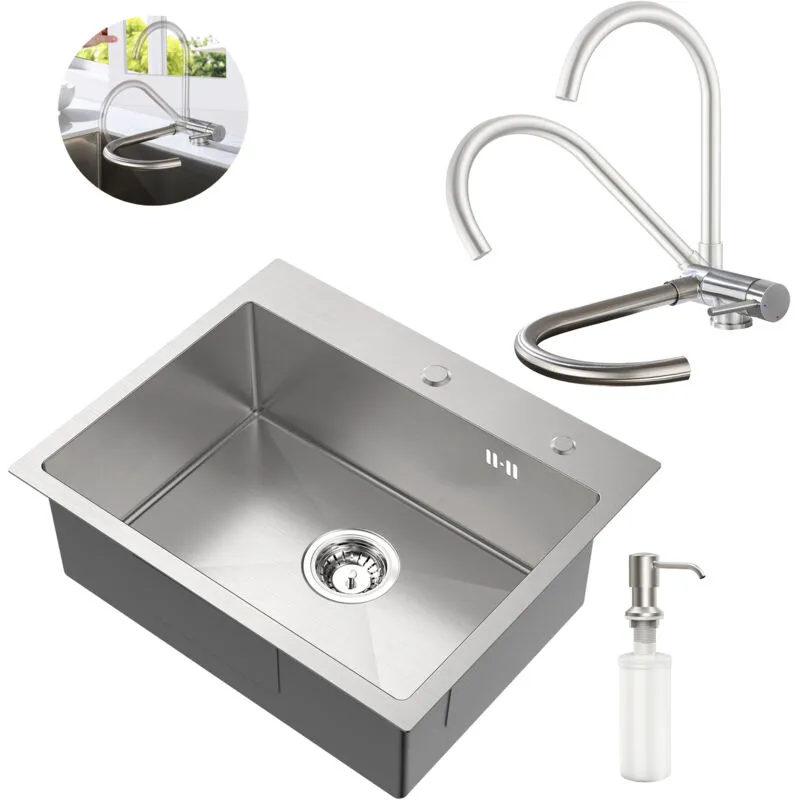 Auralum Max - Set lavello + rubinetto da cucina ribaltabile in acciaio inox, 55 × 45 cm Lavello da incasso con dispenser di sapone, rubinetto